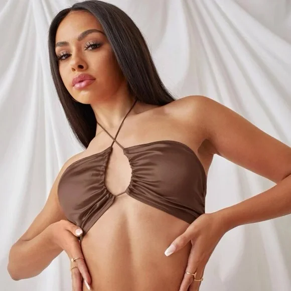 Drawstring Backless Crop Halter Top - Picture 1 of 1